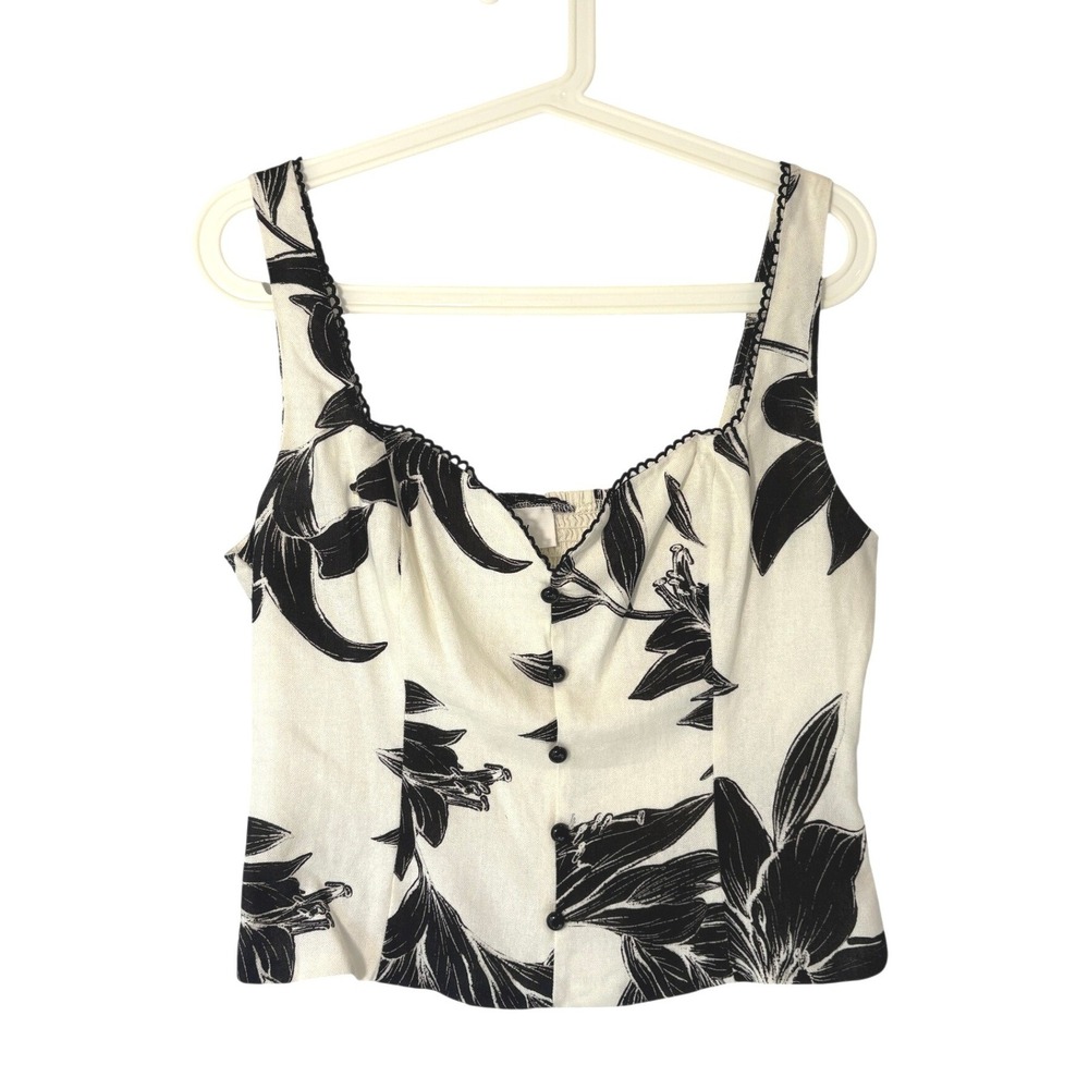 Privy Privately Privileged Floral Linen Blend Button Front Smocked Crop Top L